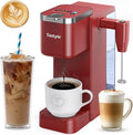 Single Serve Coffee Maker with Built-in Detachable Milk Frother, Iced and Hot Coffee Machine for K Cup & Grounds, 40oz Removable Water Reservoir, 6 Cup Sizes, Fits 7.3" Travel Mug, Red