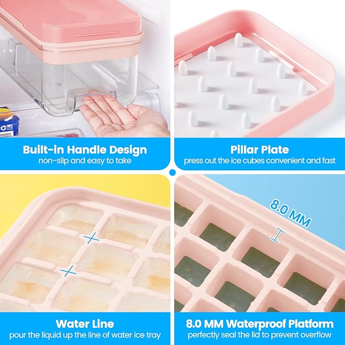 PHINOX Ice Cube Tray with Lid and Bin, 3 Pack Plastic Ice Cube Tray Molds, 96(4 * 8 * 3) pcs Ice Trays for freezer, Chilling Drinks, Whiskey & Cocktails, with Ice Container and Ice Scoop, BPA-Free