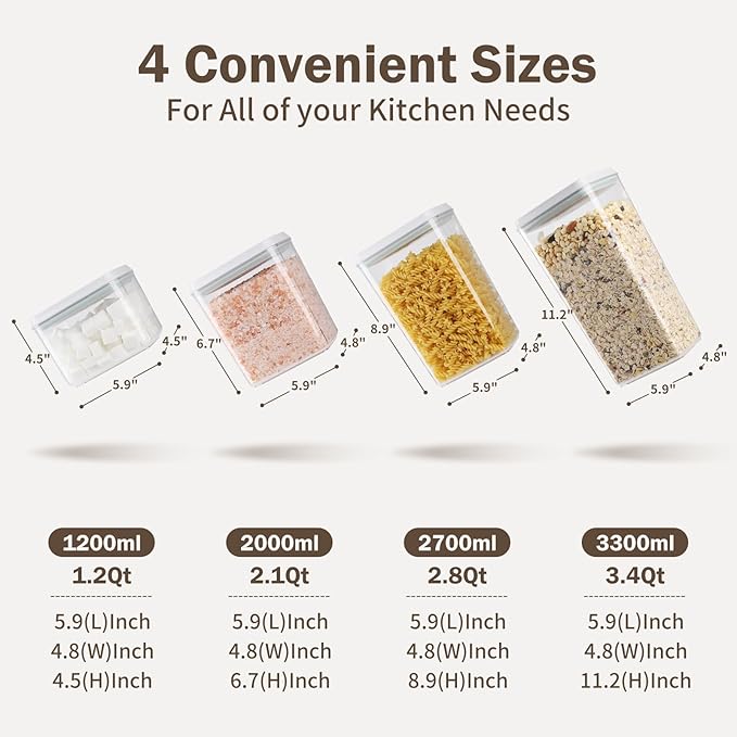 8 Pcs Pop Food Storage Containers Airtight Food Storage Containers Set with Lids Kitchen Pantry Organization and Storage, 3.4Qt, 2.8Qt, 2.1Qt, 1.2Qt
