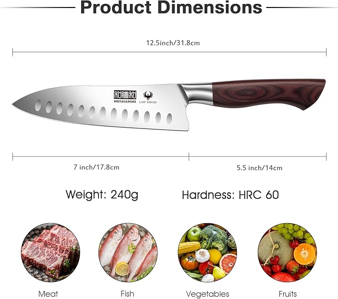 HOSHANHO Santoku Knife 7 Inch, Professional High Carbon Stainless Steel Kitchen Knife, Super Sharp Cooking Knife with Ergonomic Wood Handle