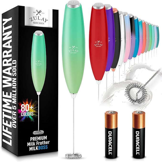 Zulay Kitchen Milk Frother Handheld Electric Whisk with AA Duracell Batteries – Durable Drink Mixer for Coffee, Lattes, Cappuccinos & More - Ocean