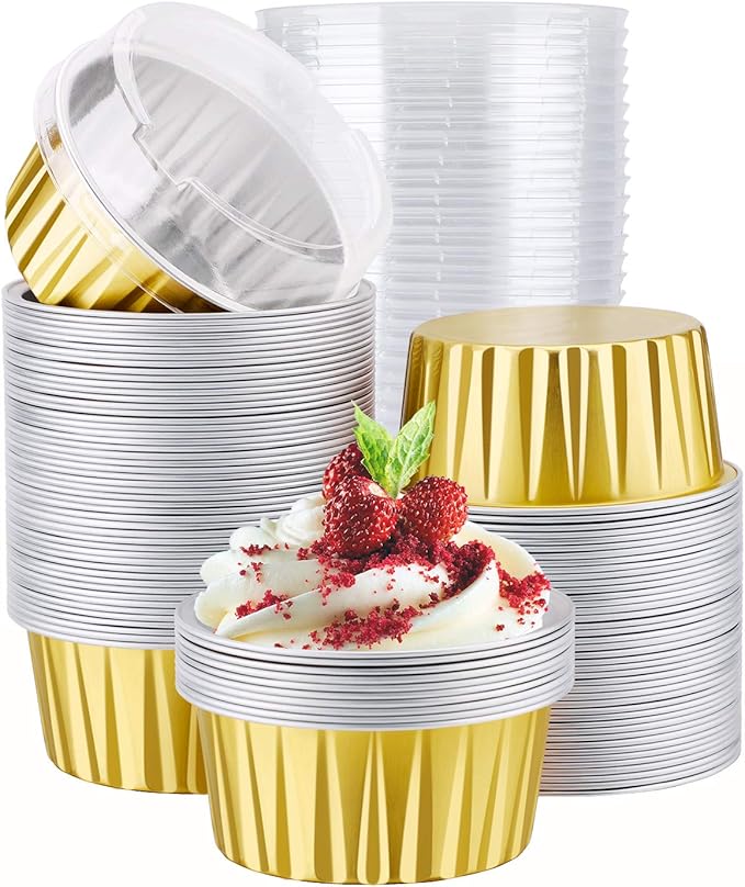 EUSOAR Aluminum Muffin Cups with Lid, 100pcs 5oz Muffin Liners Cups with Lids, Disposable Foil Ramekins, Aluminum Cupcake liners, Creme Brulee Ramekins, Aluminum Foil Cupcake Baking Cups Holders Pans