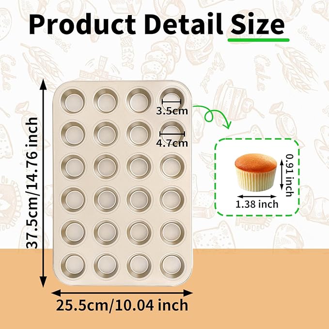 Beasea Mini Muffin Pan 24 Cups Nonstick, 1 Pack 24 Mini Small Cup Non Stick Muffin Baking Pan Tin Tray Carbon Steel Bakeware Individual Cupcake Baking Pan - Gold