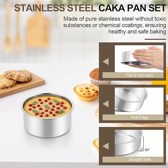 Homikit Mini Round Cake Pan Set of 2, 4 Inch Stainless Steel Small Baking Pans, 2” Deep Layer Smash Cake Tins, Oven & Dishwasher Safe，Non-Toxic & Healthy