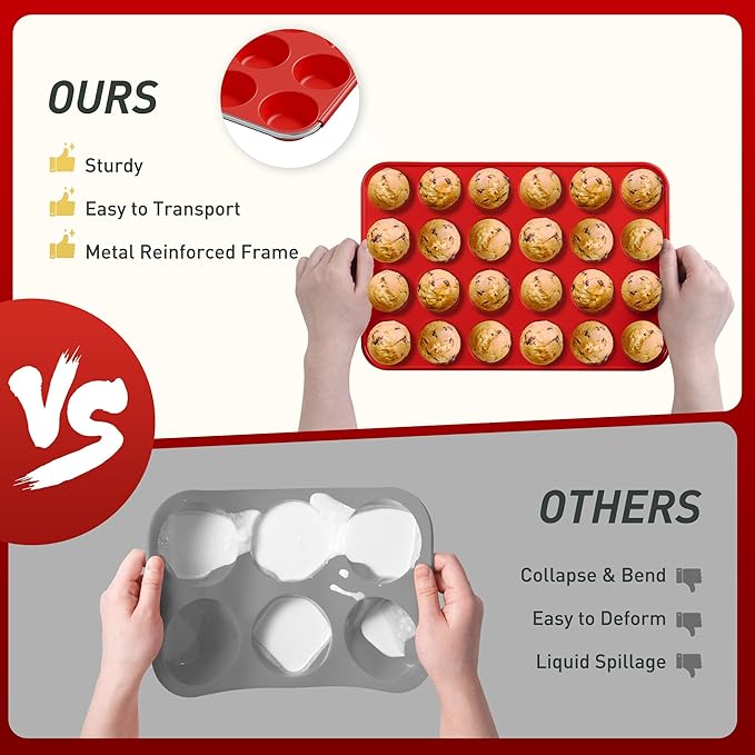 2 Pack 24 Cups Silicone Mini Muffin Pan with Metal Reinforced Frame Silicone Molds Cupcake Cake Baking Cheesecake Pans Cookie Baking Chocoflan Cupcake Mold Mini Bundt Cake Pan Women Gift