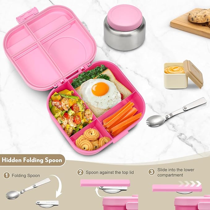 Bento Lunch Box with 12oz Soup Thermo,4 Compartments Lunch Box Containers, Spoon&Sauce Jar, BPA Free&Leak proof,Insulated Food Jar for Travel(Pink)