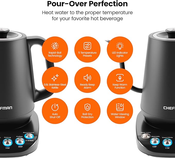 Chefman TrueTemp Precision Control Gooseneck Kettle, Internal Custom Temperature Control and 6 One-Touch Presets, Boil-Dry Protection Auto Shut-Off for Safety, For Pour Over Coffee and Tea, Black