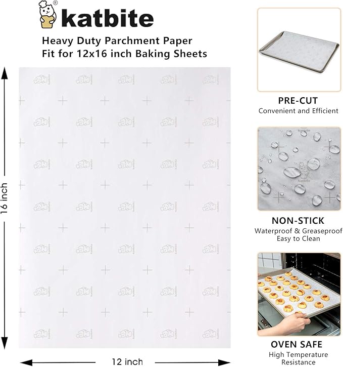 Katbite 12x16 Inch Parchment Paper Sheets with Grid Lines, Precut Baking Paper, Non-Stick & Heavy Duty, Half Sheet Parchment Paper for Cookies, Cup Cake Baking, Cooking, Air Fryer, Steaming, Grilling