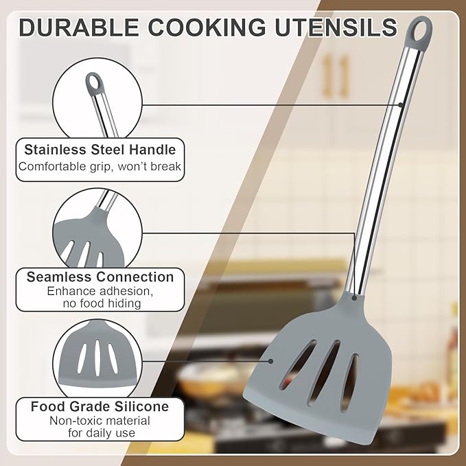8 PCS Cooking Utensils Set, Vayvnt Silicone Kitchen Spatula Set for Cooking, Non Toxic Silicone Kitchen Utensils with Stainless Steel Long Handle, Spoon and Tong, Heat Resistant&Dishwasher Safe, Gray