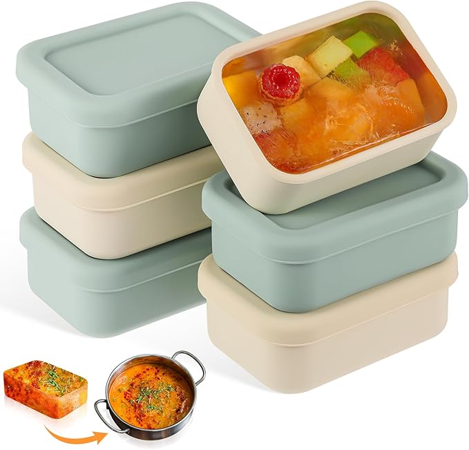 6 Packs 1 Cup Silicone Soup Freezer Molds with Lid Silicone Soup Freezer Trays Rectangle Reusable Food Preserving Tray Freezing Sauces Stews(Sage Green, Beige)