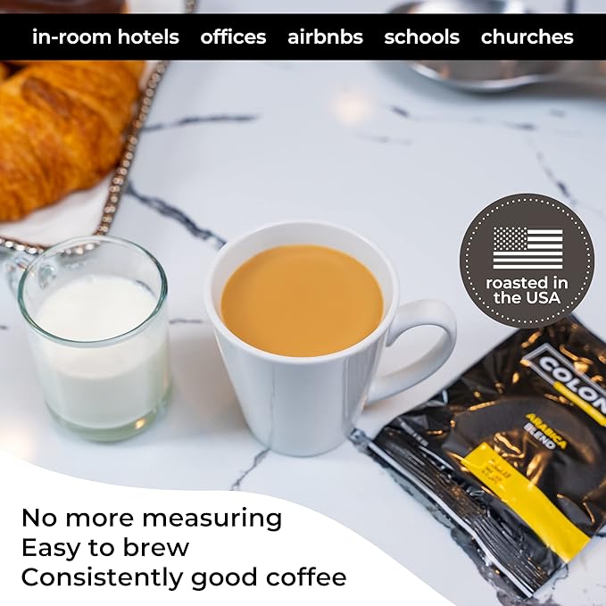 Colonial Coffee Roasters In-Room Hotel Ground Coffee Filter Portion Packs, Medium Roast, Signature Breakfast Blend, 0.50 Ounce (Pack of 150), Use with 4-Cup Drip Coffee Machine