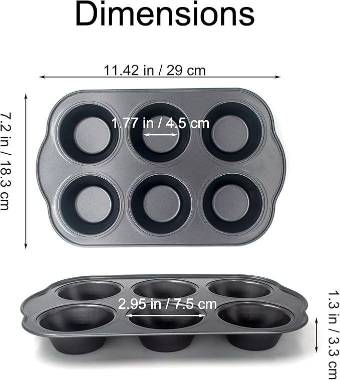 Non-Stick Standard Muffin Pans, 2.95" 6-Cup Set of 2 Baking Pans, Heavy Duty Carbon Steel Tins for Standard Muffins & Cupcakes