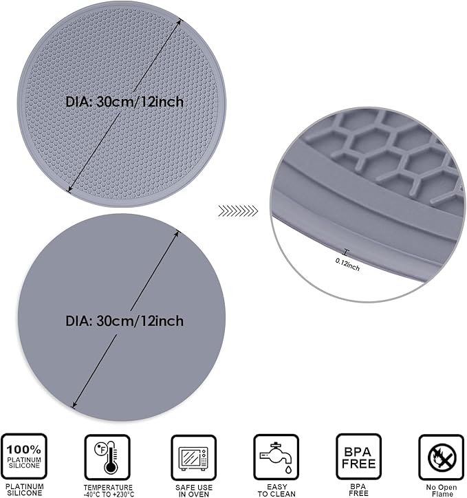 4 Pack 12 Inch Multi-Purpose Silicone Mat, As Drying Mat, Microwave Mat, Trivet, Pot Holder, Placemat, Utensils Rest, Pad for Hot Pans Plates Dishes Kitchen Countertop, Heat Resistant Mat, Light Gray