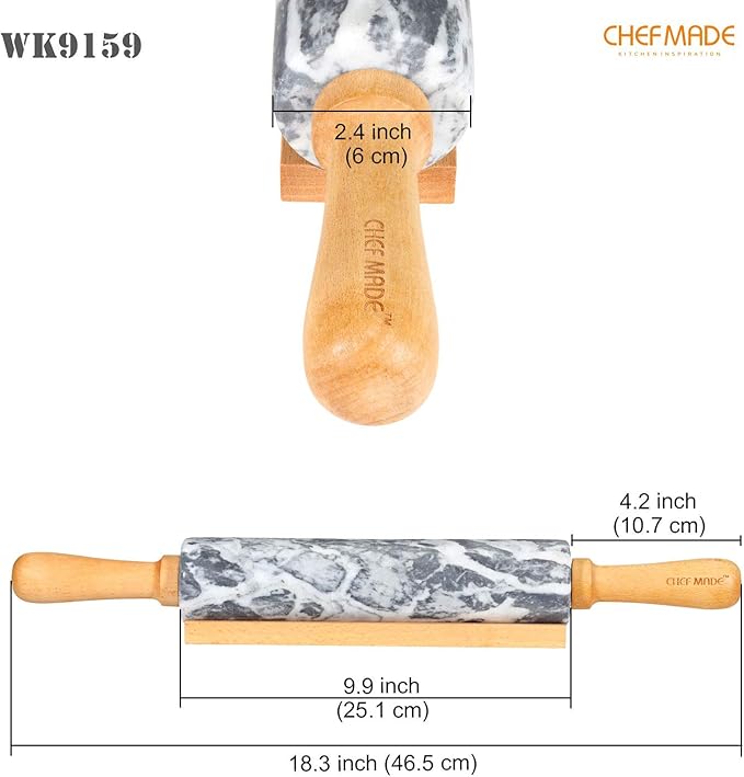 CHEFMADE 18-Inch Marble Rolling Pin with Wooden Handles and Cradle, Non-Stick (Gray and White)