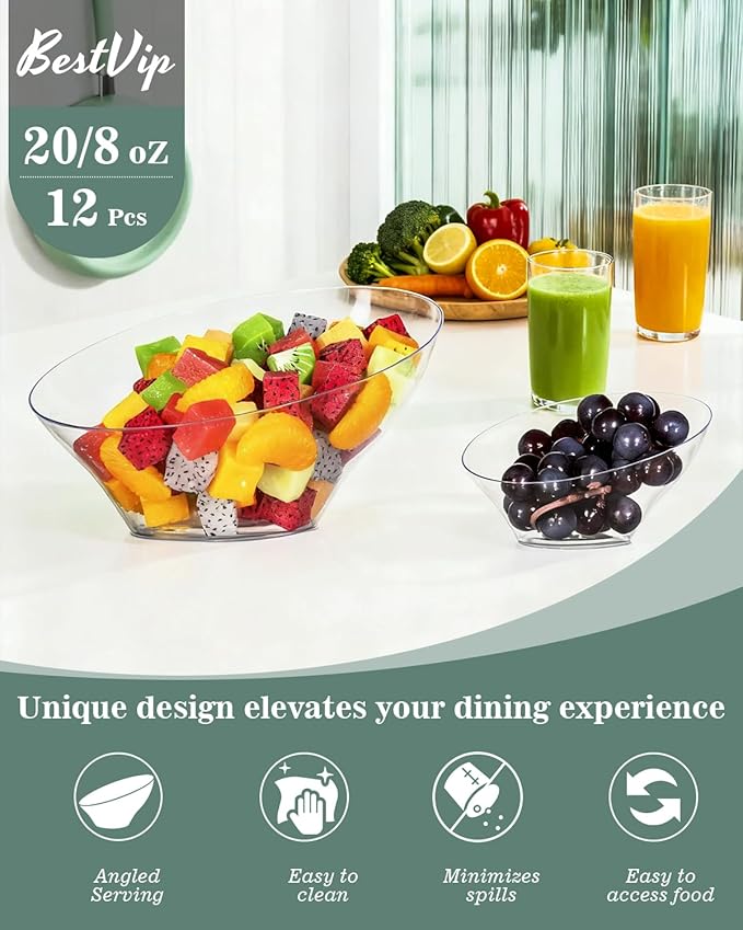 BESTVIP 8oz Clear Plastic Serving Bowls for Party - 12 Pack Angled Disposable Serving Bowls, Party for Chips, Snacks, Fruit, Salad - Bowls for Parties, Daily Use, Catering, Christmas