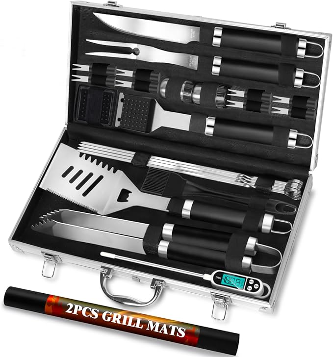 ROMANTICIST 30pcs BBQ Grill Tool Set for Men Dad, Heavy Duty Stainless Steel Grill Utensils Set, Non-Slip Grilling Accessories Kit with Thermometer, Mats in Aluminum Case for Fathers Day Black