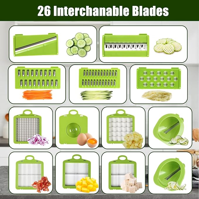 Multifunctional vegetable cutter 26 in 1 vegetable slicer, cucumber slicer, potatoes, tomatoes, zucchini, garlic, eggs, vegetable cutter with container and lid, salad cutter, dicing machine, shredder