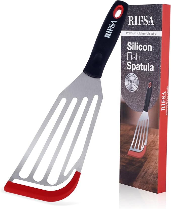 Fish Spatulas, Stainless Steel with Heat-Resistant Silicone Tips, Non-Scratch Design for Non-Stick Cookware, Slotted Silicone Spatulas for Frying, Flipping Fish and Eggs.