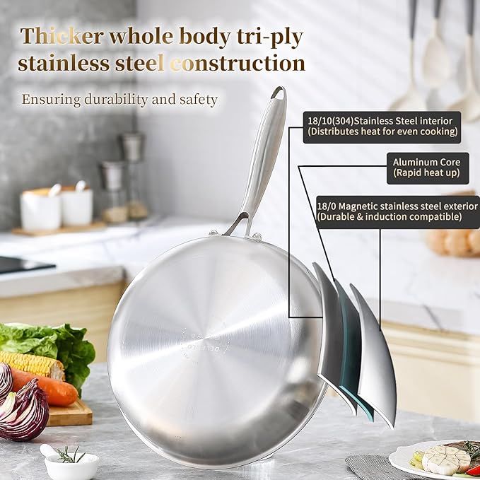 DELARLO Tri-Ply Stainless Steel Pan Set, 9" & 11",Compatible with All Cooktops Up to 600℉, Stainless Steel Frying Pan Set, Durable, Fast Even Heat, Cooking Pans, Kitchen Cookware Set, Skillet Set of 2
