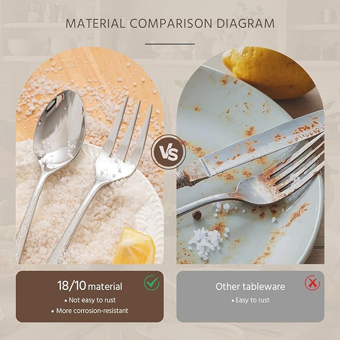 KINGSTONE Hammered 8-Piece Serving Utensil Set, 18/10 Stainless Steel Flatware for Catering, Party Include Spoons, Slotted Spoon, Fork, Butter Knife - Mirror Finish & Dishwasher Safe