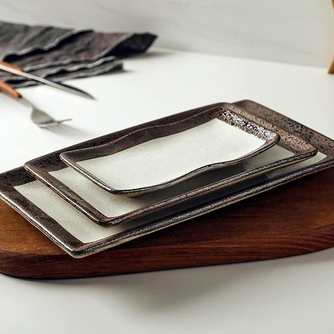 Stone Lain Lucy Porcelain 3-Piece Rectangle Serving Plate Set, Beige
