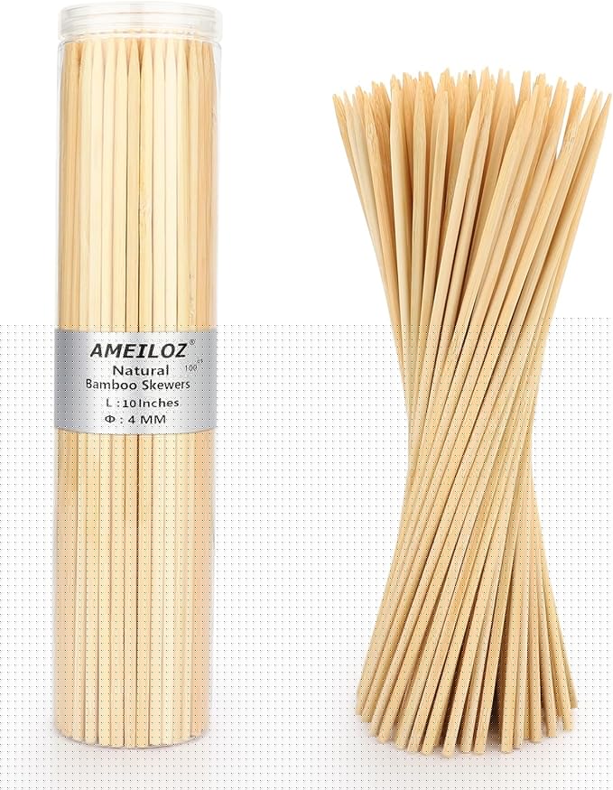 10" Barbecue Skewers, Bamboo Wooden Kabob Skewers for Appetizer, Fruit, Sausage, Chocolate Fountain, Kebob Skewer Stick, Organic Wood Food Sticks for BBQ Grilling, Kitchen (Φ=4mm Thick, 100PCS)