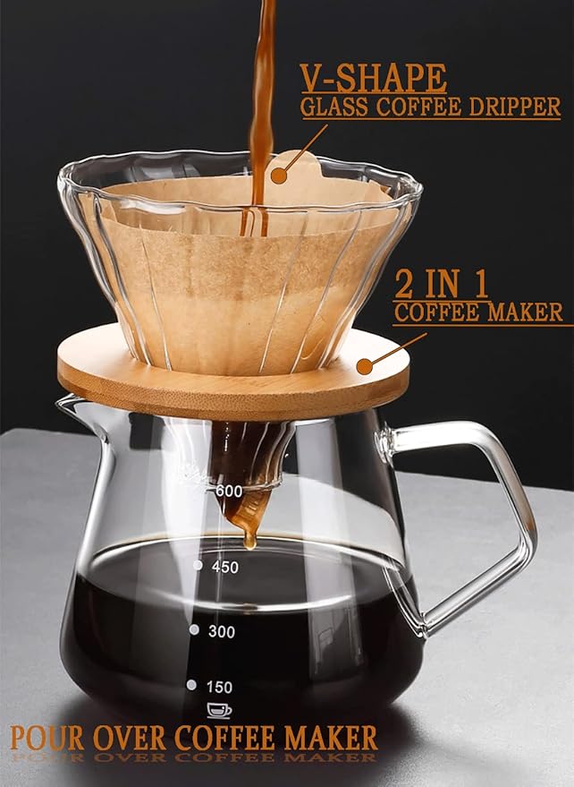 Pour Over Coffee Maker - 10 OZ /300ML Glass Carafe Coffee Server with Glass Coffee Dripper/Filter, Drip Coffee Maker Set for Home or Office, 1-2 Cups