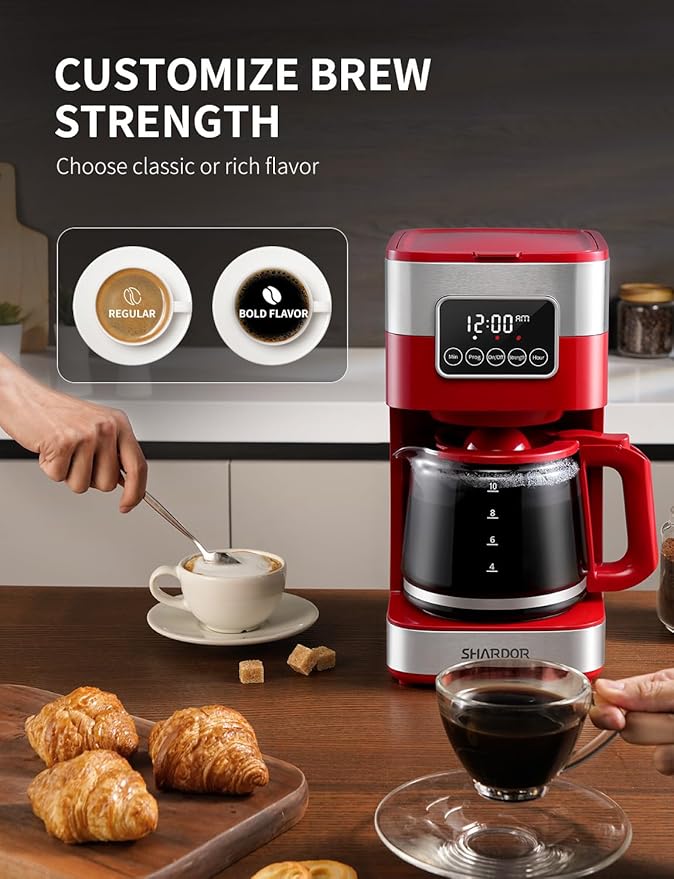 SHARDOR 10-Cup Programmable Coffee Maker, Regular & Strong Brew Drip Coffee Machine for Home and Office, Auto Shut Off, Permanent Filter (red)