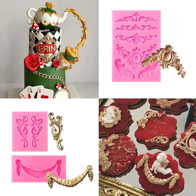 Rainmae 4 Pcs Baroque Fondant Silicone Molds, Relief Flower Lace Chocolate Mould, Scroll Lace Clay Mold, Filigree Mold 3D Sculpted Decoration, Cupcake Topper, Jewelry, Polymer Clay, Crafting Projects