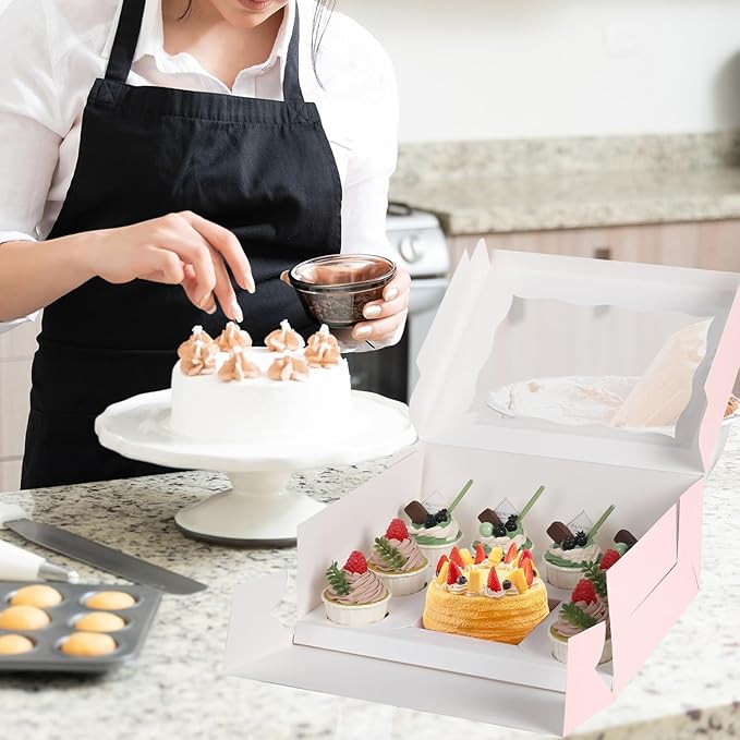 JCD 8 Packs Pink Bento Cake and Cupcake Box 1+8 Bento Box with Clear Window for 4-inch Cake and 8 Cupcakes Packaging Gift Baked Goods for Family Dinner Birthday Party Picnic Gift (Pink 1+8/8Pcs)