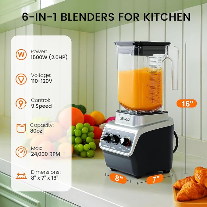 CRANDDI Professional Smoothie Blender, 80oz BPA-Free Countertop Blenders for Smoothies, Shakes & Ice Crushing, 1500W Compact Commercial Kitchen Blender with Stainless Steel Blade, 120V, K96