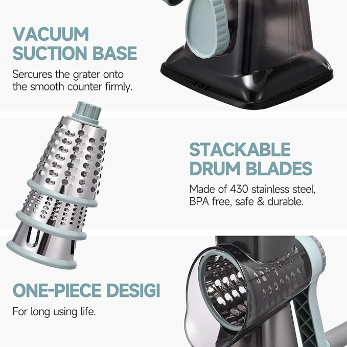 Rotary Cheese Grater with Handle Kitchen Shredder Slicer Grater Slicer Ice Shaver Cheese Vegetable Nuts Potato Zucchini Chocolate 3 Interchangeable Blades (GreyBlue)