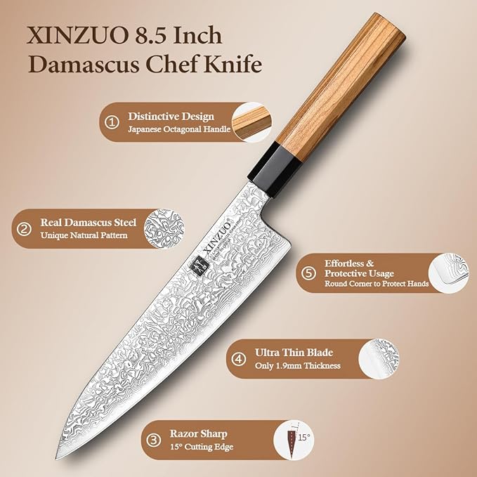 XINZUO 8.5 Inch Chef Knife, 67 Layers Hand Forged Damascus Steel Kitchen Knife Professional, Japanese Chef Knife for Chefs and Home Cooking, Ultra Sharp,Olive Wood Octagonal Handle