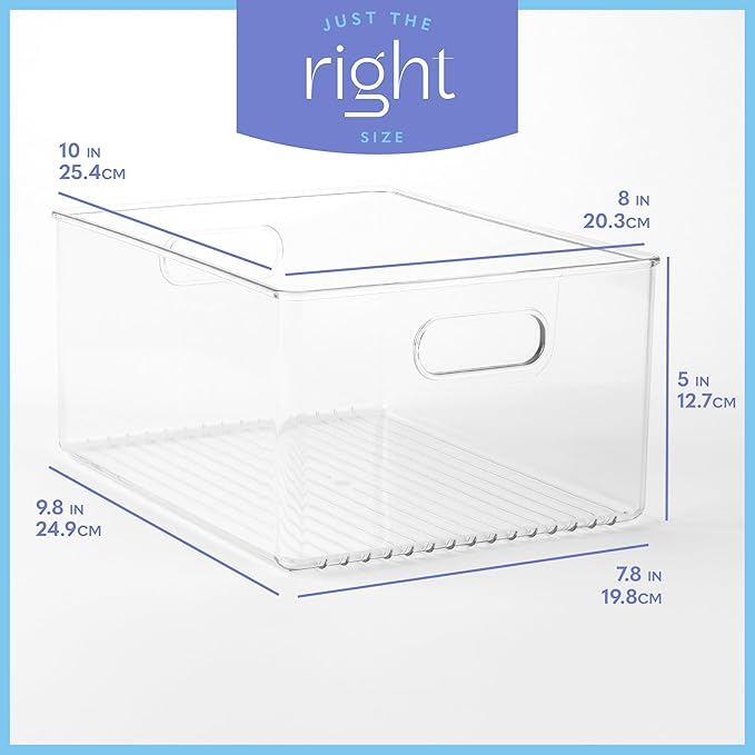 Plastic Food Storage 6 Pack Clear Container Bin with Handles for Organizing Kitchen, Pantry, Refrigerator, Freezer, Pantry, Cabinet, Closet, Bathroom 10”x8”x5”
