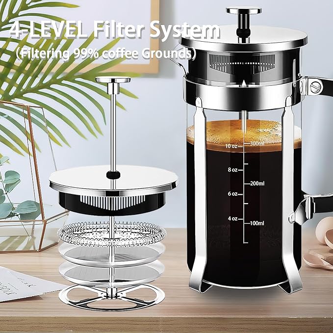 French Press Coffee Maker 304 Stainless Steel Coffee Press,with 4 Filters System, Heat Resistant Thickness Borosilicate French Press Glass, BPA-Free Brewed Tea Pot Coffee Plunger(Copper 12oz)