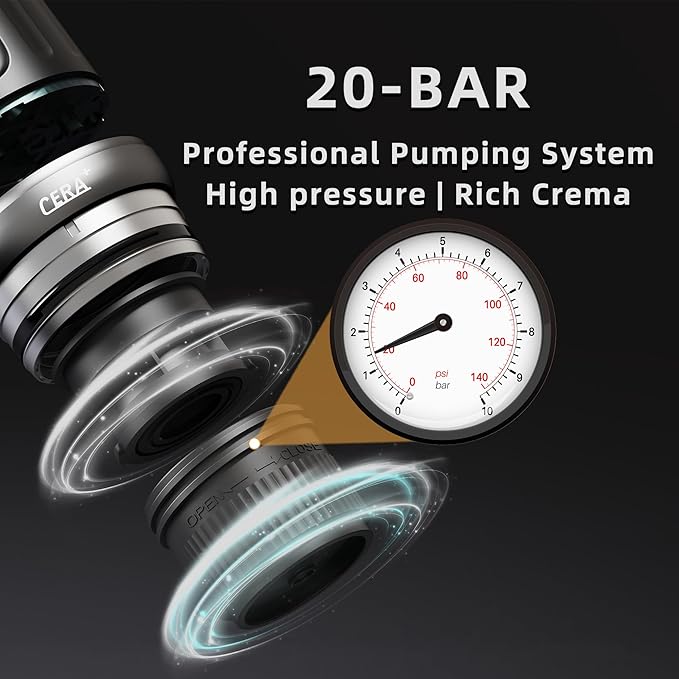 CERA+ Self-Heating Portable Espresso Machine,Up to 8 Cups per Charge & 20 Bar, 13500mAh, CERApresso Works with NS Capsules & Grounds, Electric Coffee Maker for Camping,Hiking,Office & Car/Air Travel