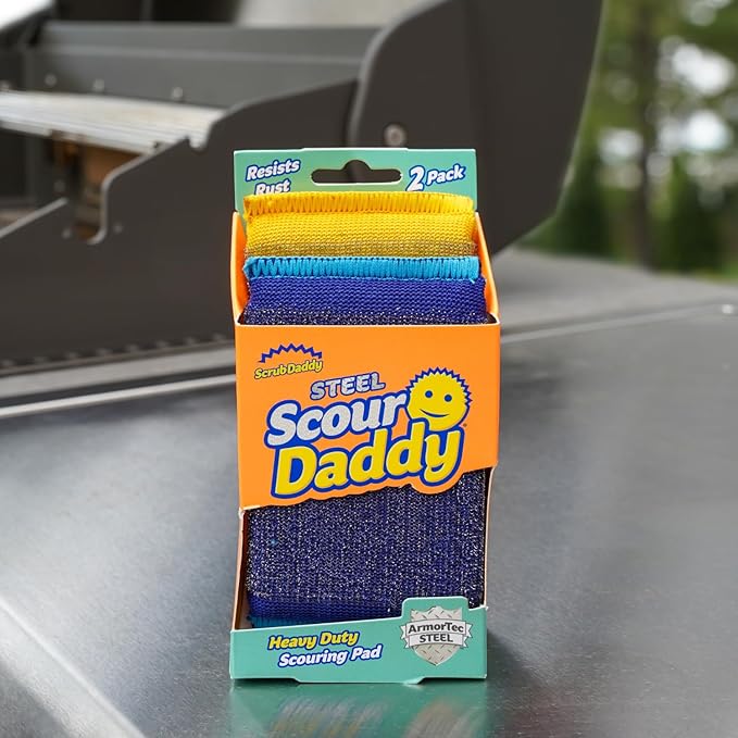 Scrub Daddy BBQ Grill Cleaner Kit - Bristle Free Grill Brush with Refill + Scour Daddy Steel Sponge - Temperature-Controlled Tools - Cut Through Charred Buildup (4 Count)