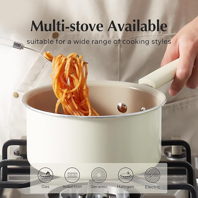 Redchef Ceramic Nonstick Saucepan with Lid, 3QT Small Cooking Pot, Non Toxic Sauce Pans for Kitchen, Cool Handle PFAS Free Compatible with All Cooktops, White
