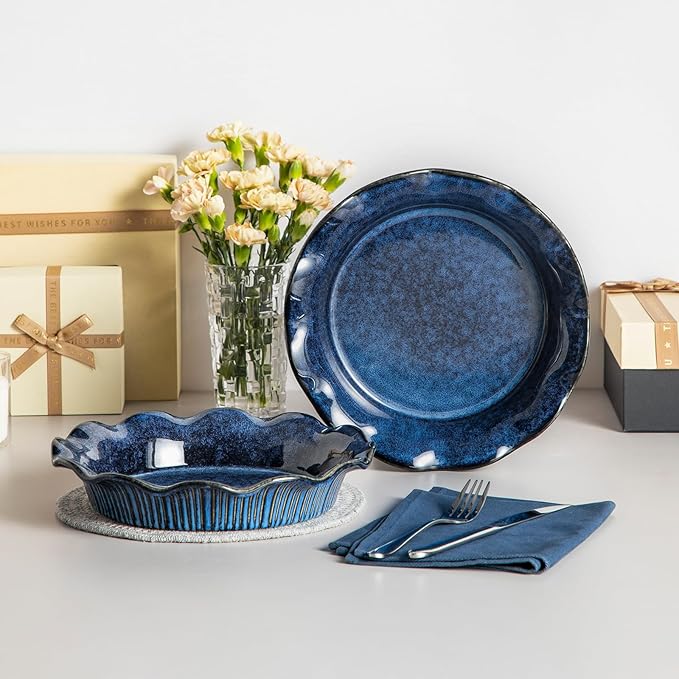 vancasso Stern Ceramic Pie Pan, 9 inch Pie Pans with Ruffled Edge, Deep Pie Dishes for Baking, Round Pie Plates for Apple, Quiche, Pot Pies, Tart, Oven & Dishwasher Safe, Set of 2, Blue