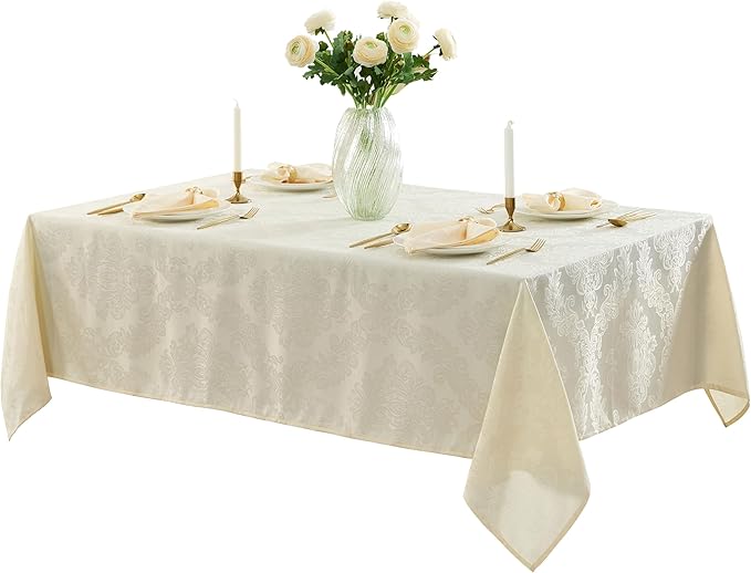 Newbridge Barcelona Luxury Damask Fabric Tablecloth, 60” Wide x 144” Rectangle, Antique White, 100% Polyester, No Iron, Soil Resistant Dining Room, Party and Banquet Table Cover