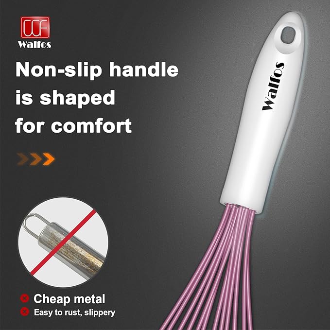 Walfos Whisk, Silicone Whisks for Cooking & Baking Non Scratch Rubber Coated Pink Whisk for Non-stick Wisk, Perfect for Frothing, Blending, Beating and Whisking (3pack Pink)