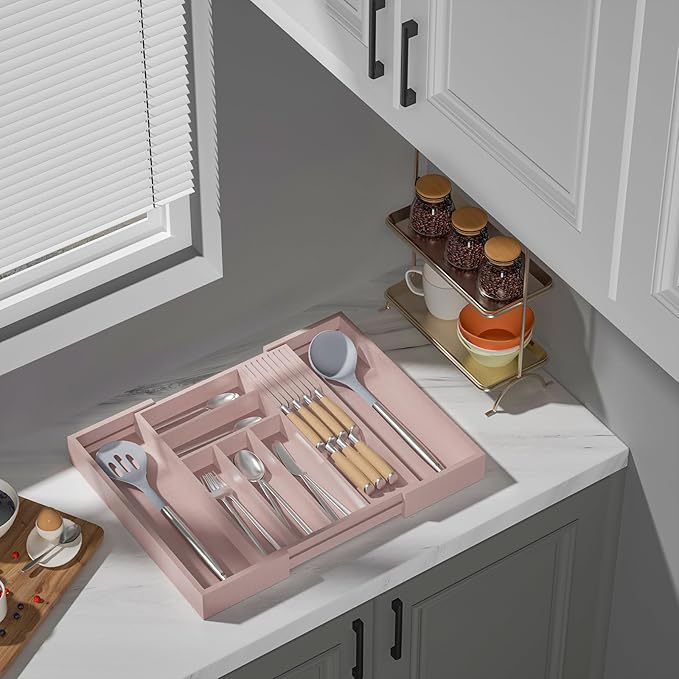 Bamboo-Silverware-Drawer-Organizer-Kitchen, Expandable Utensil Holder Cutlery Tray Flatware Organization Adjustable Wood Tableware Dividers Storage (with Removable Knife Block)(Grey Pink)