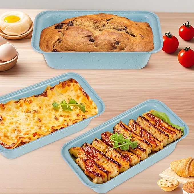 3-Piece Non Stick Bread Pans, 9x5 Inch Stackable Loaf Pan, Advanced Carbon Steel Bread Pans for Homemade Bread, Cakes, Lasagna, Sandwich - Oven-Safe & Easy Clean