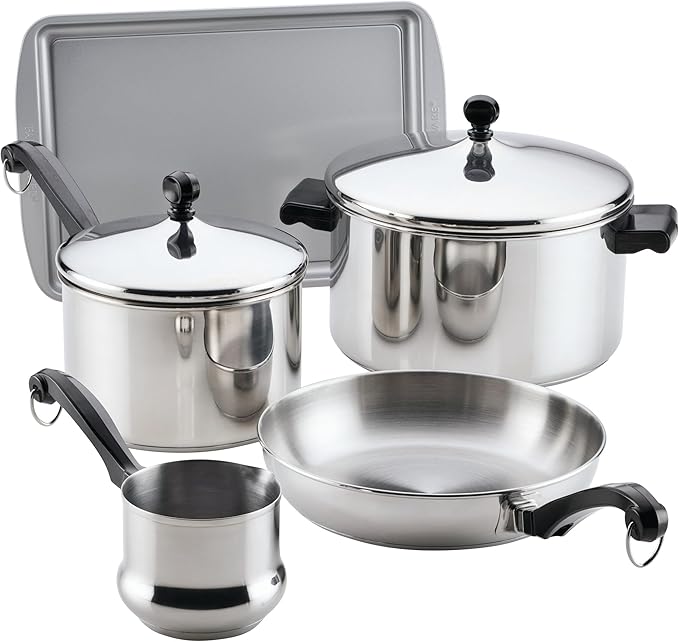 Farberware Classic Series Stainless Steel Pots and Pans with Baking Sheet Pan, Cooking Tools, and Lids, Induction Ready, Dishwasher Safe, 10 Piece Cookware Set, Metal Utensil Safe - Stainless Steel