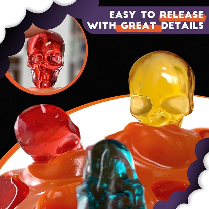 Mini Skull Molds Silicone Halloween for Candy Gummy Chocolate, 100 Cavity 2 pcs Small Head Shapes Freezing Tray Party Homemade 3D Caprese salad Wax Melts DIY Moulds BPA Free Kids Oven Safe
