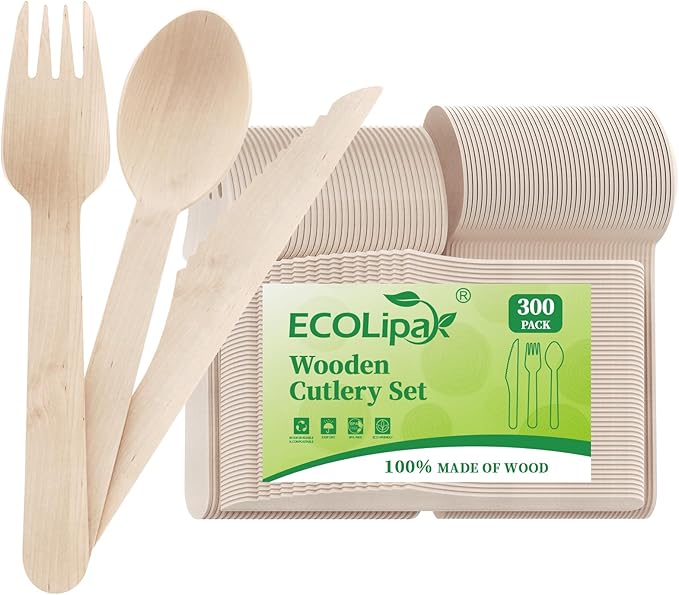 ECOLipak 300 Count Disposable Wooden Cutlery Set, 100 Knives, Forks and Spoons each, Splinter-Free Compostable Wooden Disposable Utensils for Party, Camping, Traveling, Family Dinners