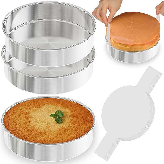8 Inch Round Cake Pans Set of 3, Nonstick Stainless Steel Baking Pans Set with 100PCS Parchment Papers, Durable Birthday Christmas Circle Layer Cake Pans, Cake Pans Sets for Baking, Dishwasher Safe