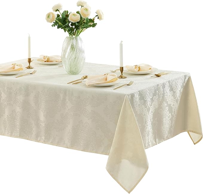 Newbridge Barcelona Luxury Damask Fabric Tablecloth, 60” Wide x 84” Rectangle, Antique White, 100% Polyester, No Iron, Soil Resistant Dining Room, Party and Banquet Table Cover
