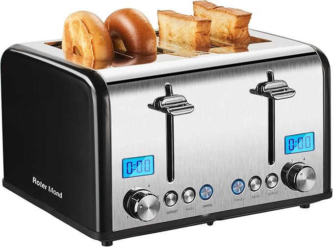 Roter Mond Countdown Stainless Steel 4 Slice Toaster with Bagel, Defrost, Cancel Function, Dual Toaster, Extra Wide Slots, 6 Shade Settings, Removable Crumb Trays, 1650W, Black