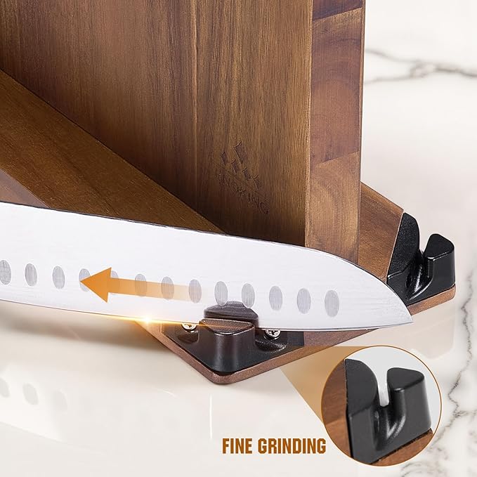 ENOKING 15.2" Extra Large Magnetic Knife Block with Dual Sharpeners, Acacia Wood Knife Holder & Display Stand with Strong Magnets